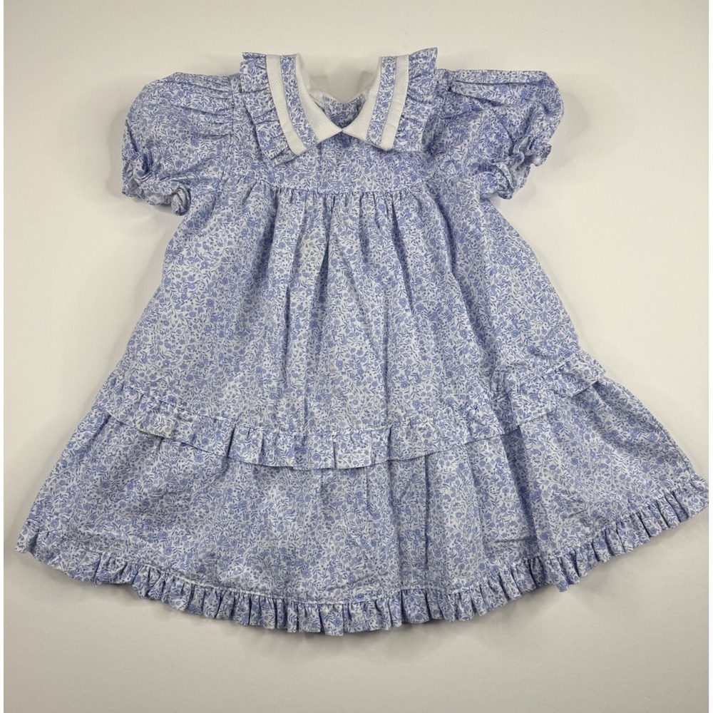 Vtg Jan Briggs Girls Blue Floral Dress Peter Pan Collar Cottagecore Easter 24mo